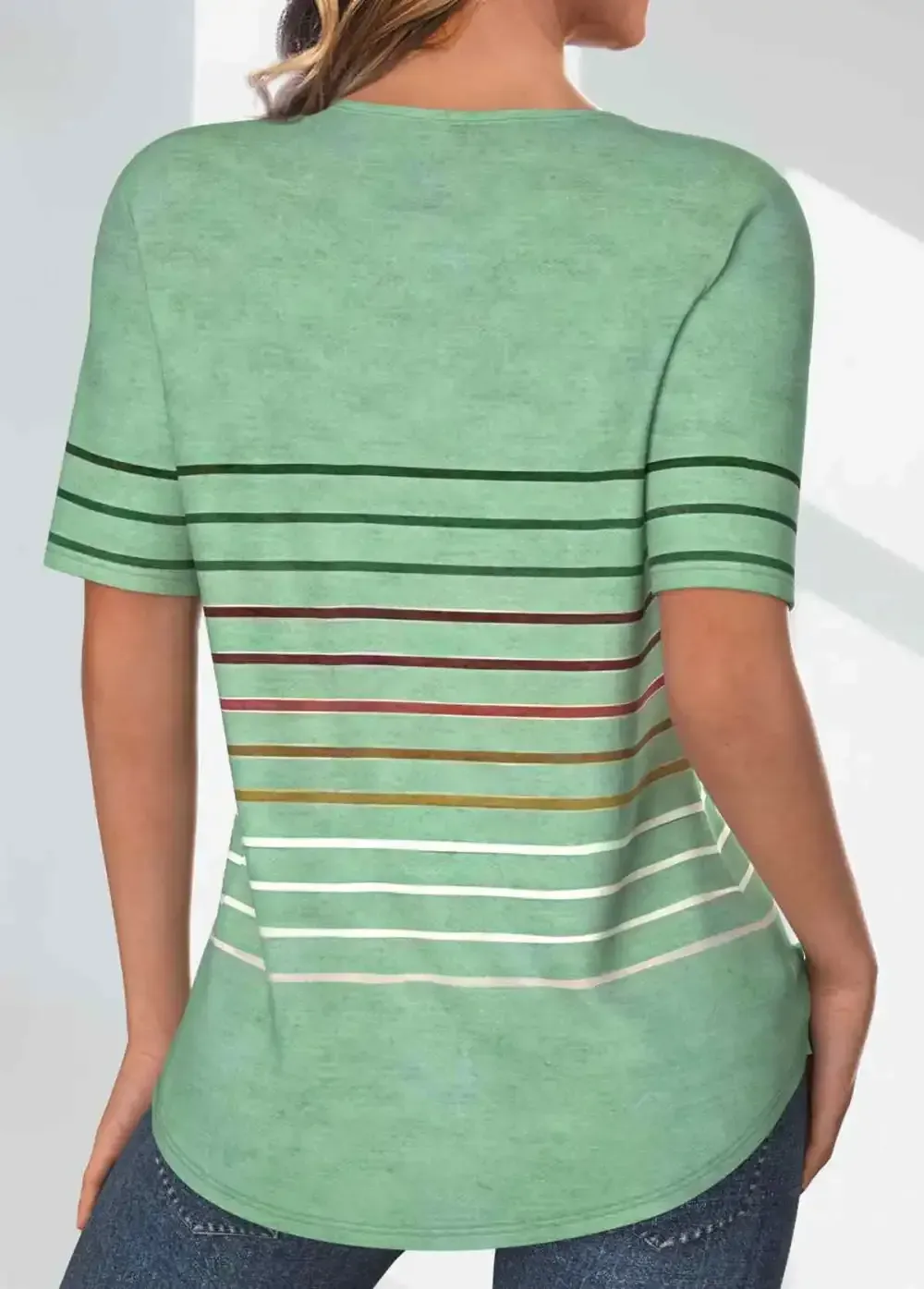 Light Green Tuck Stitch Striped Short Sleeve T Shirt