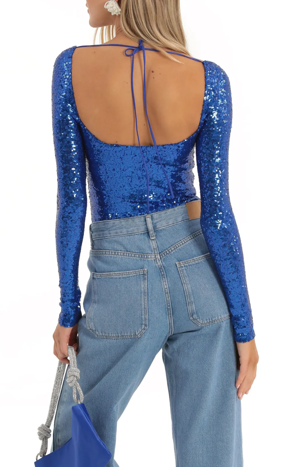 Sequin Long Sleeve Bodysuit in Blue