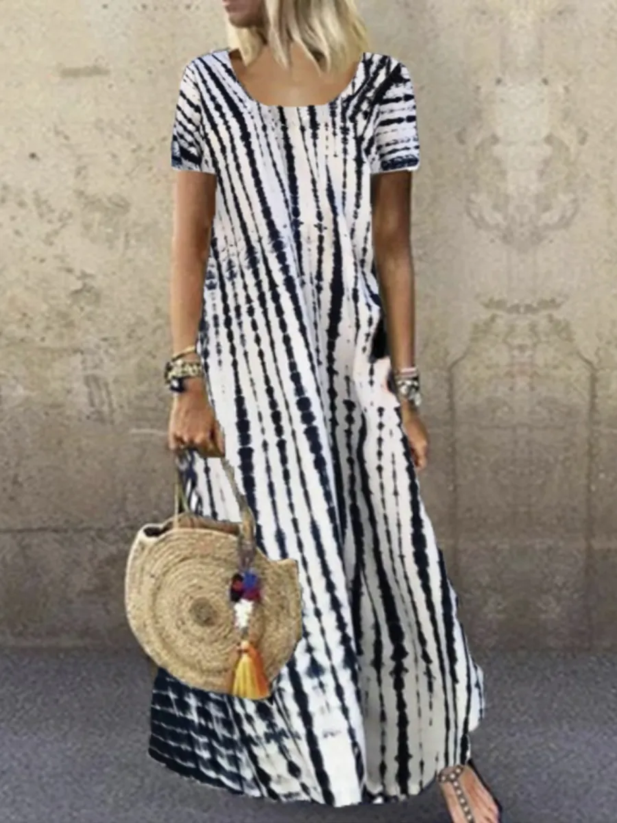 Ladies Round Neck Short Sleeve Tie-dye Printed Maxi Dress