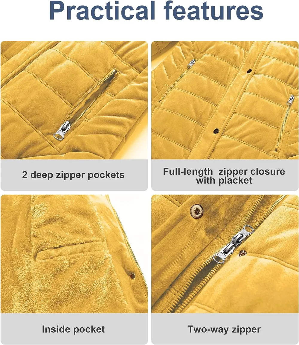 Women's Warm Winter Coat Velvet Puffer Jacket Quilted Faux Fur Hood