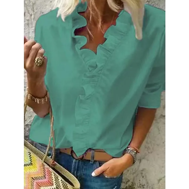 Women‘s Blouse Shirt V Neck Lettuce Trim Plain Modern V Neck Regular Spring &  Fall Green Blue White Orange