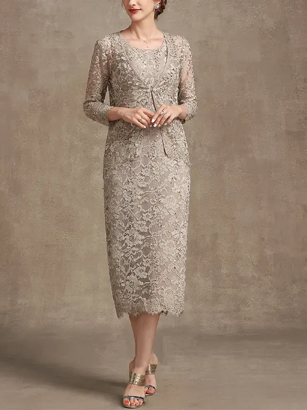 Lace Tea Roval Neck Dress Top Suit