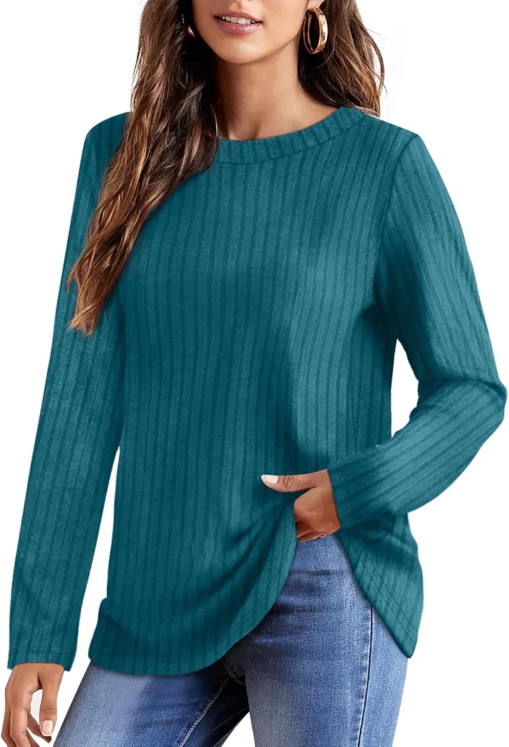 OFEEFAN Long Sleeve Shirts for Women Lightweight Crew Neck Casual Tunic Tops