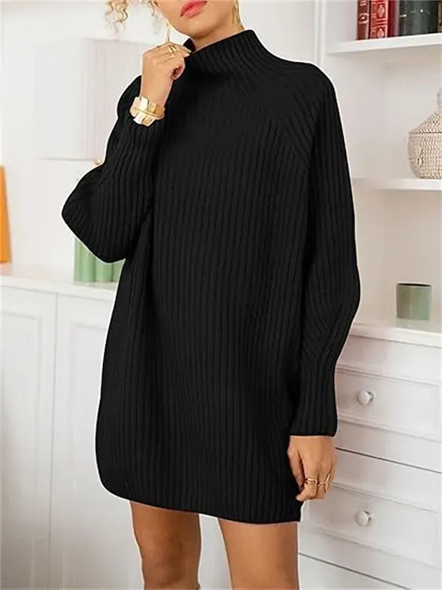 Women's Sweater Dress Jumper Dress Winter Dress Mini Dress Warm Fashion Casual Plain Outdoor Daily Vacation Going out Turtleneck Long Sleeve 2023 Loose Fit Black White Blue S M L XL