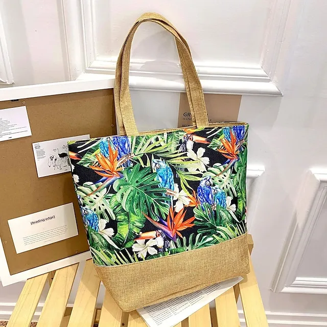 Women's Tote Shoulder Bag Canvas Tote Bag Canvas Outdoor Daily Holiday Zipper Flower Print Large Capacity Foldable Lightweight Geometric Flower Colorful feathers Autumn leaves Rainforest