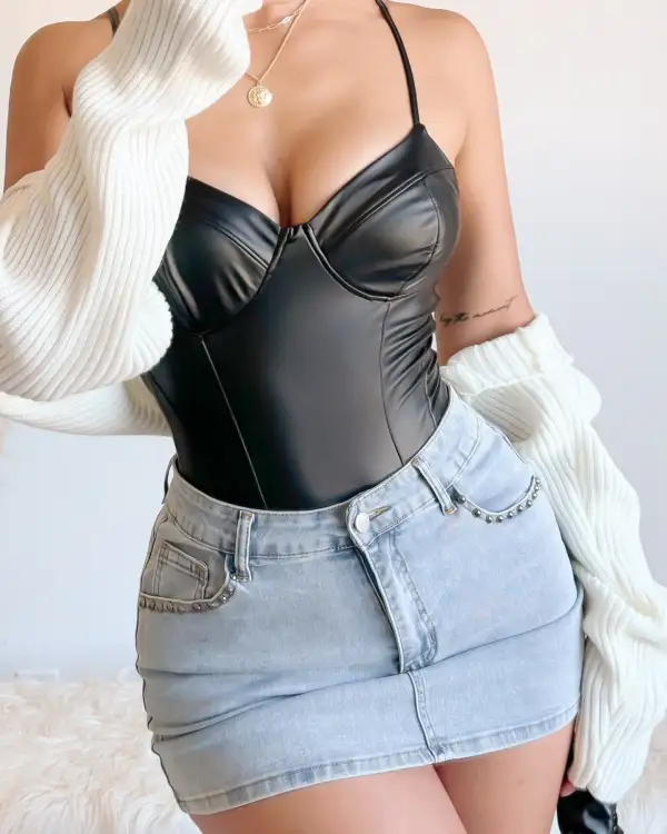 EVA PLEATHER BODYSUIT (BLACK)