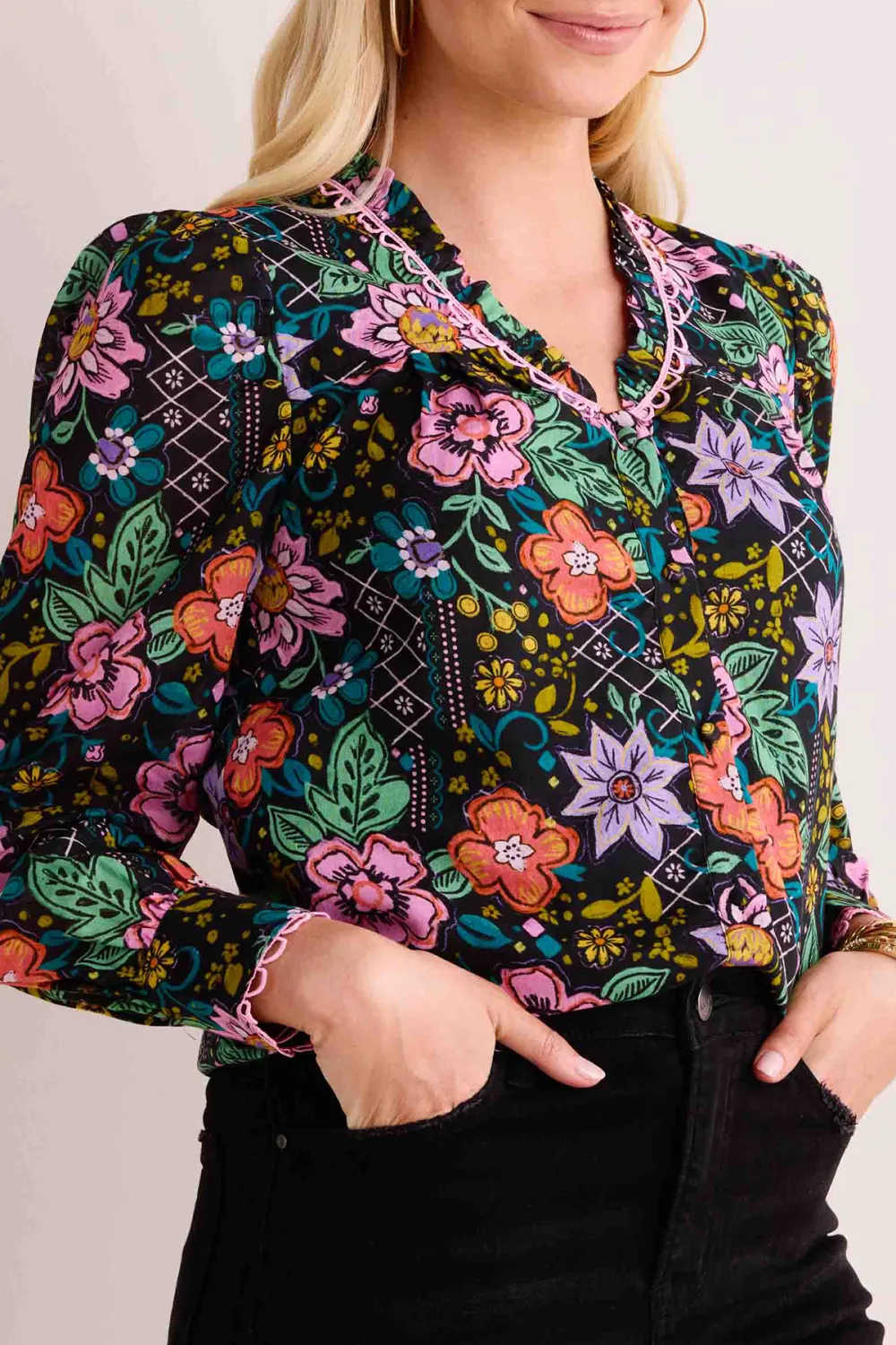Multicolored Floral Print V-Neck Long Sleeve Blouse