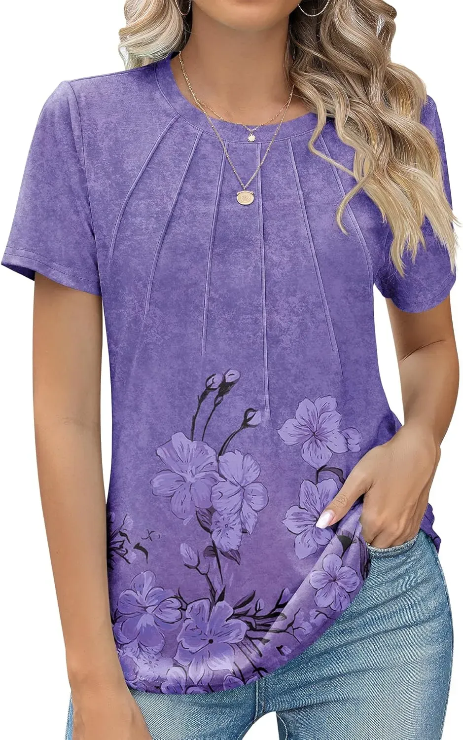 Kistore Womens Casual Crew Neck Short Sleeve Pleated Tops Blouses Fashion Clothes 2024