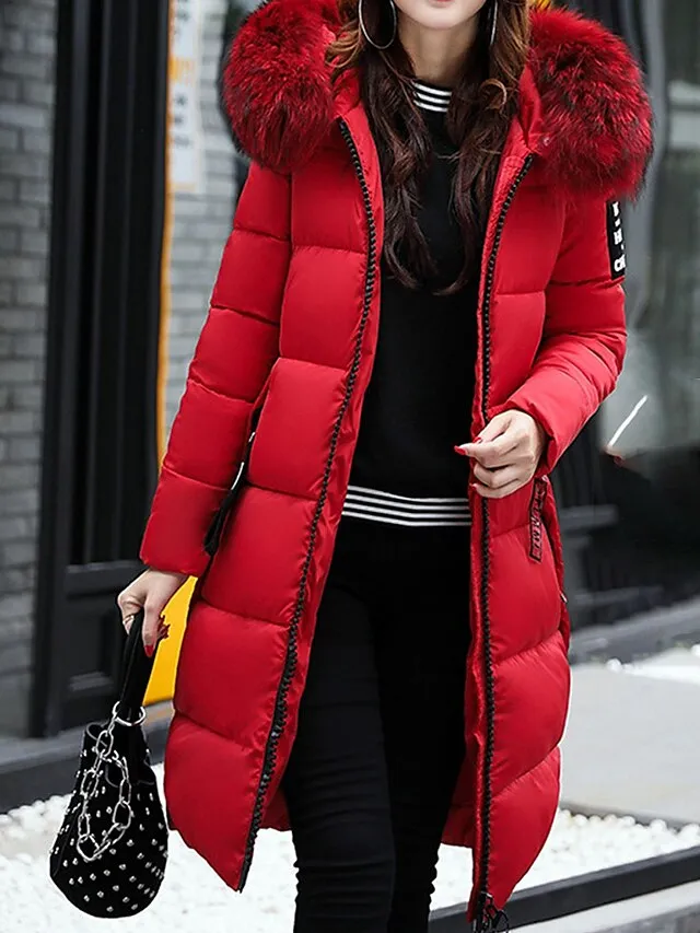 Women's Parka Long Puffer Jacket Winter Coat Zip up Hooded Coat with Fur Collar Thermal Warm Heated Coat Fall Brown Maillard Outerwear with Pockets Warm Classic Long Sleeve Fall Red