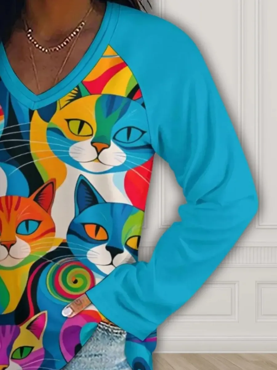 Colorful Cat V-Neck Top