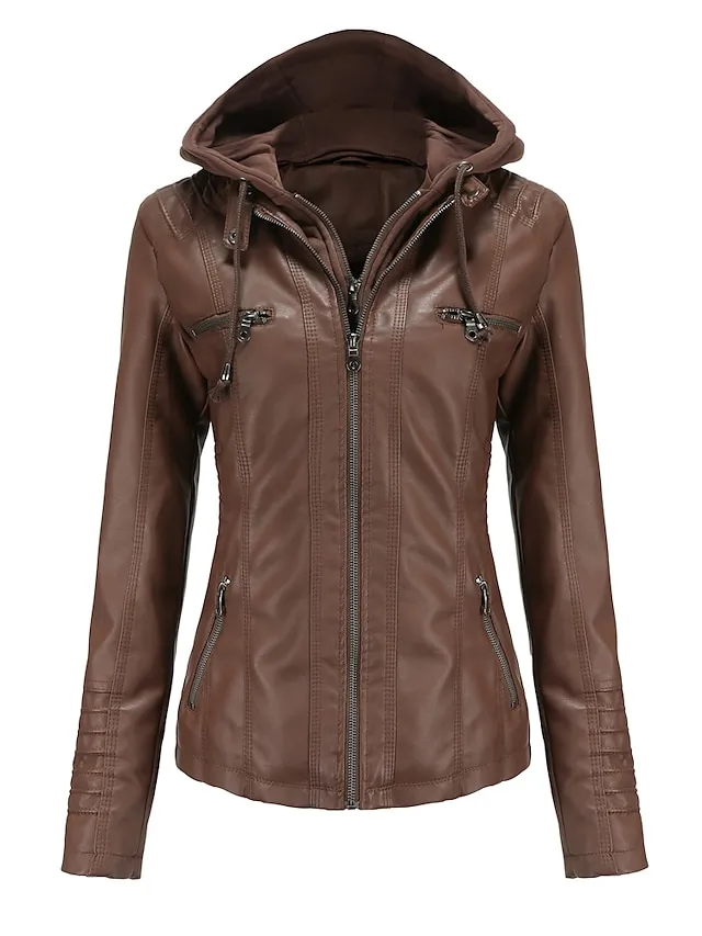 Women's Faux Leather Fall Hoodie Moto Biker Hoodie Jacket Windproof Warm Pocket Sports Solid Color Maillard Outerwear Long Sleeve Winter Fall Black Camel Red Street Casual Daily  M L XL
