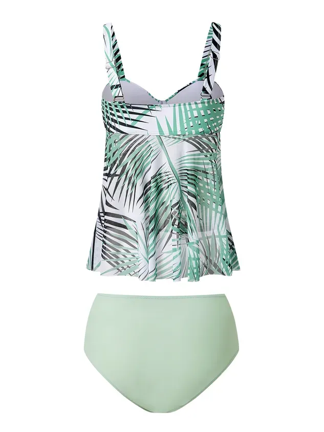 Vacation Floral Printing Scoop Neck Tankinis Two-Piece Set