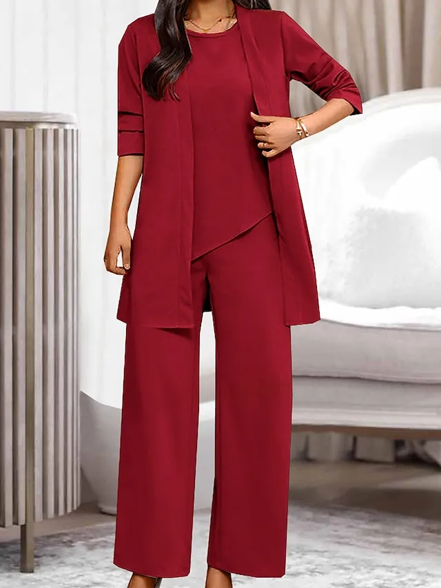Women's Loungewear Sets 3 Pieces Pure Color Fashion Casual Comfort Street Daily Date Polyester Breathable Crew Neck Long Sleeve Pant Pocket Summer Spring Black Wine