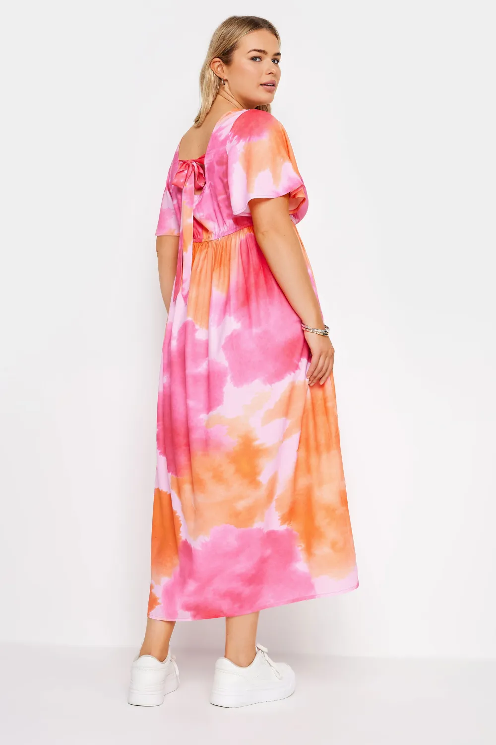 YOURS Curve Pink Blur Print Bow Back Midaxi Dress