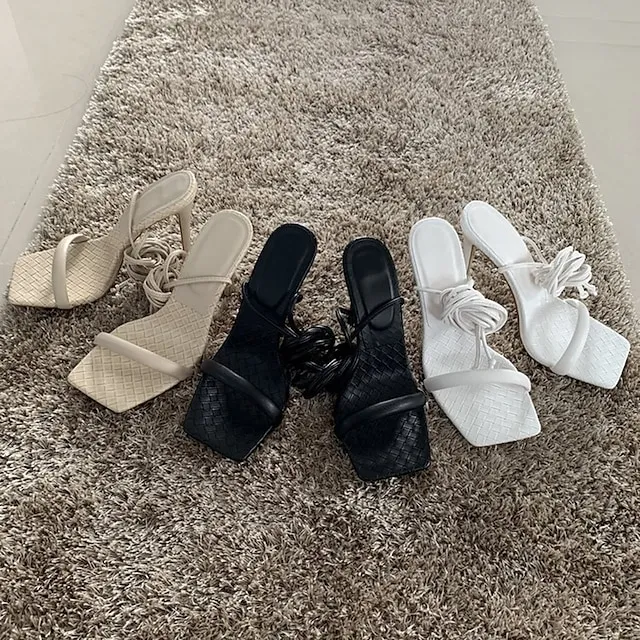 Women's Heels Sandals Lace Up Sandals Strappy Sandals Stilettos Party Daily Summer High Heel Stiletto Heel Square Toe Open Toe Sexy Casual Minimalism Faux Leather Lace-up Solid Color Solid Colored