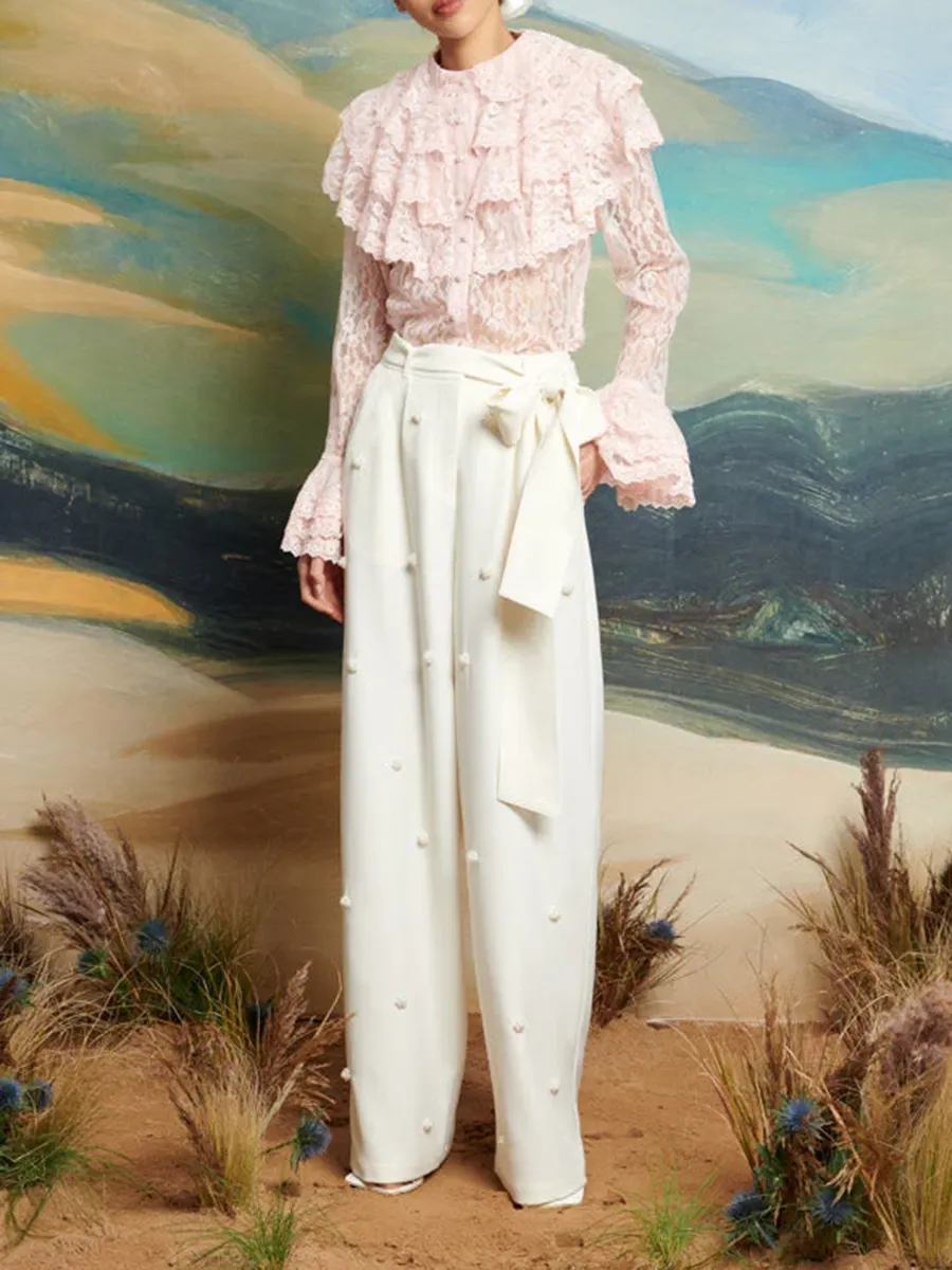 Casual Regular Lace Ruffle Blouse