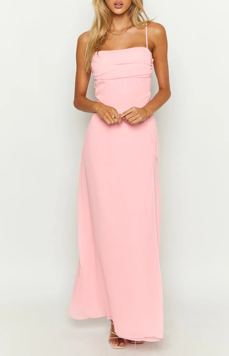 Pink Long Sleeve Sheer Maxi Dress