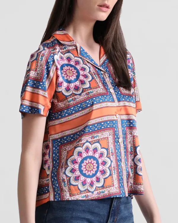 Navy Blue Abstract Print Satin Shirt