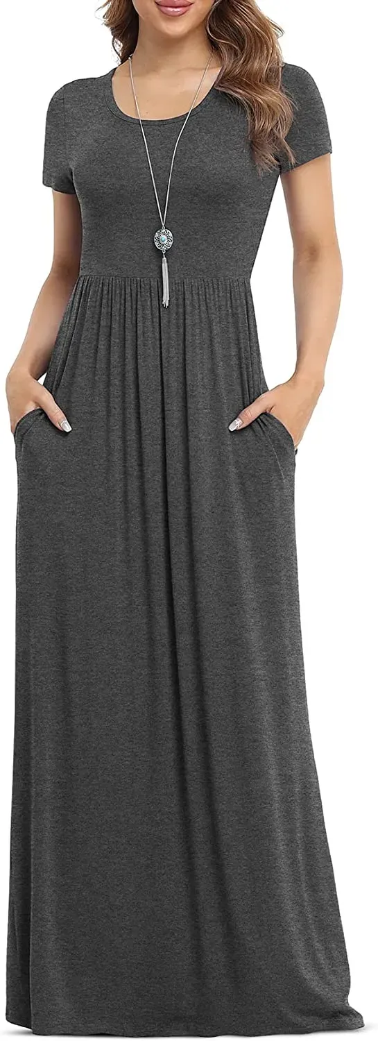 Women's Short Sleeve Loose Plain Maxi Dresses Casual Long Dresses with Pockets