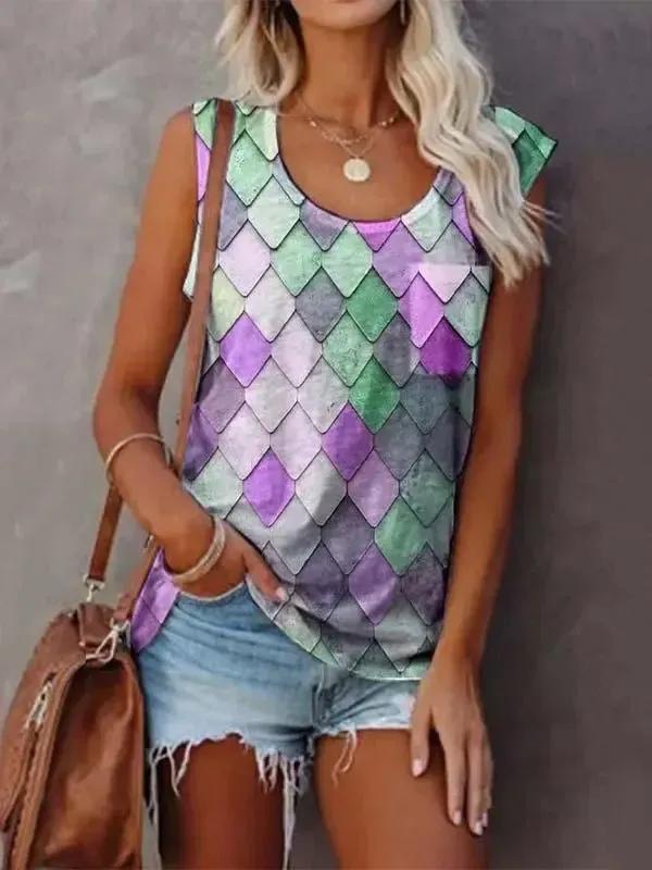 Women's Sleeveless Scoop Neck Chic Printed Tops T-shirts