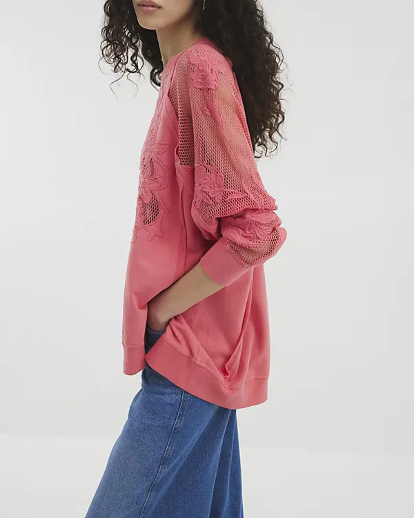 Pure Cotton Art Hollow Pink Floral Women's Sweatshirts