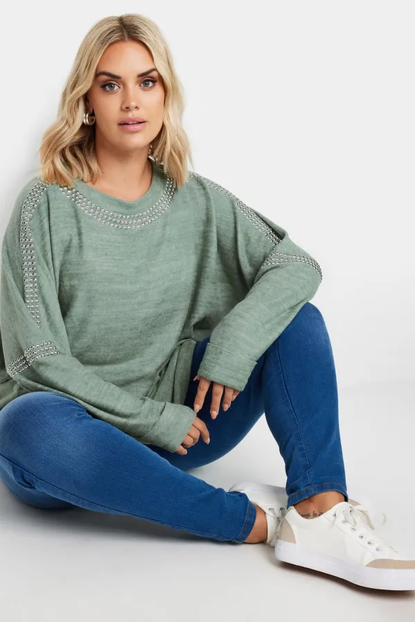 YOURS Curve Sage Green Marl Stud Neckline Embellished Jumper