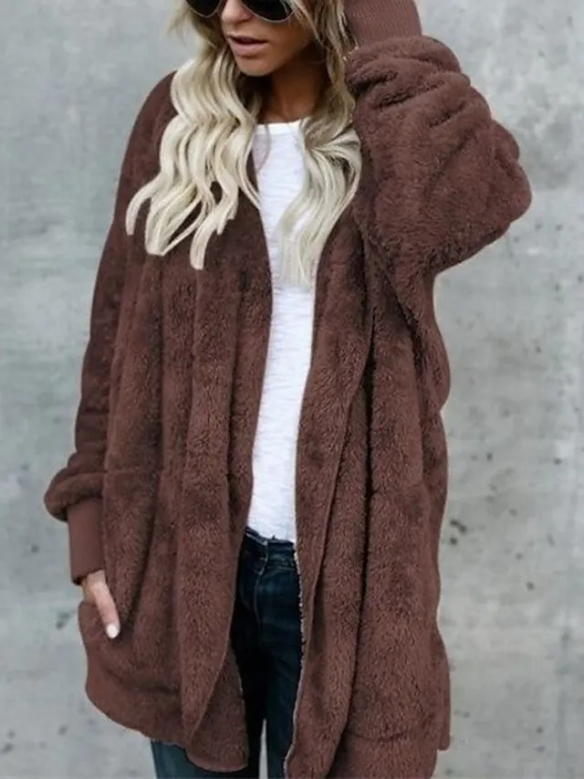 Women's Sherpa Jacket Fleece Teddy Coat Windproof Warm Maillard Home Daily Wear Vacation Going out Pocket Cardigan Hoodie Ordinary Modern Plush Solid Color Regular Fit Outerwear Long Sleeve