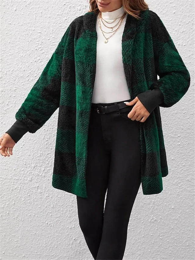 Women's Fleece Jacket Teddy Coat Hoodie Jacket Warm Breathable Street Daily Wear Vacation Going out Pocket Fleece Lined Open Front Hoodie Casual Street Style Stripes and Plaid Regular Fit Outerwear