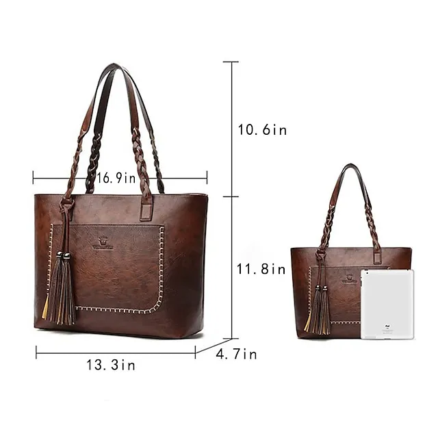 Women's Tote Shoulder Bag Tote PU Leather Office Daily Going out Tassel Large Capacity Solid Color Black Red Light Brown