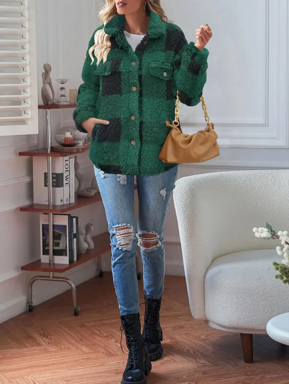 Women's Fleece Plaid Jacket Coats Button Down Lapel Sherpa Shacket Outwear with Pockets