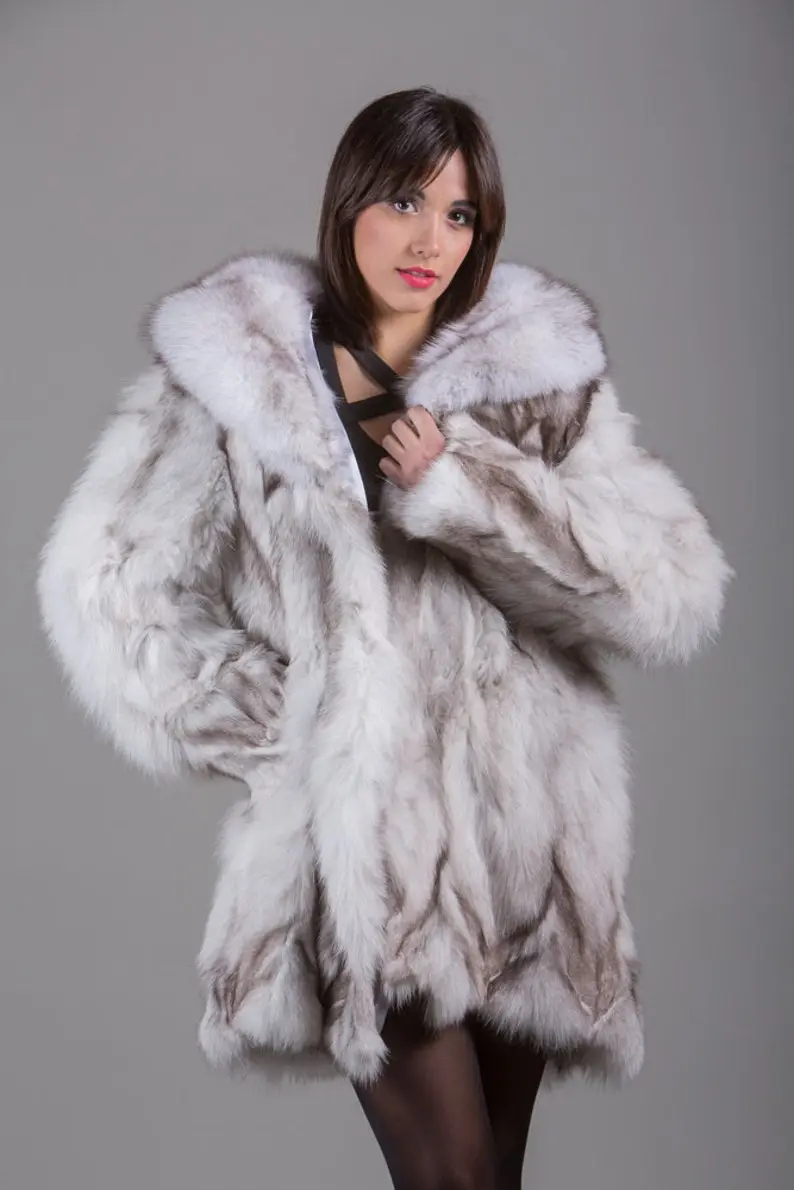 Blue Fox Fur Coat Fox Collar Knee Length Women’s