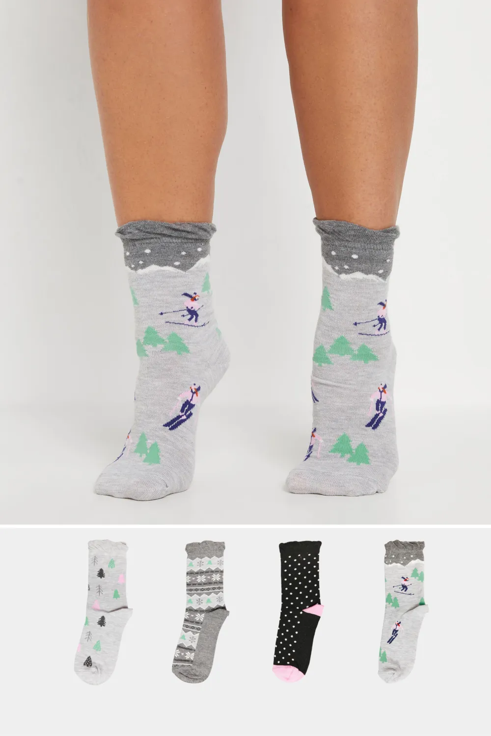 4 PACK Grey & Black Skier Print Ankle Socks