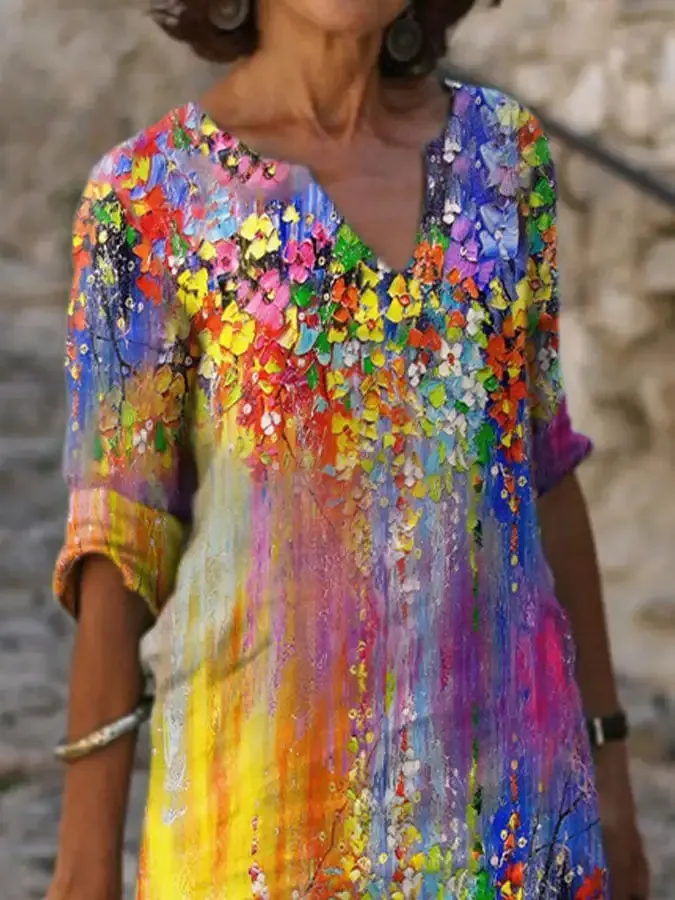 V Neck Vintage Flower Oil Painting Gradient Print Dress