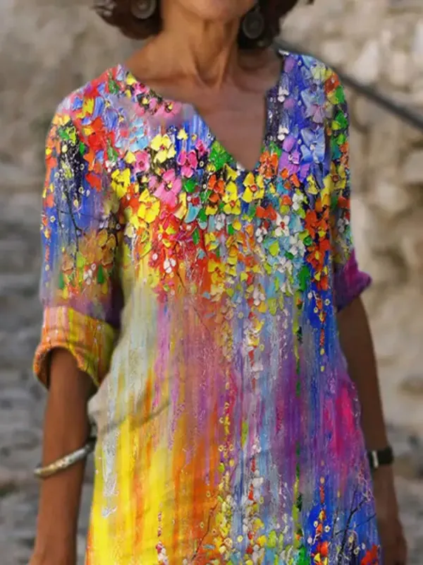 V Neck Vintage Flower Oil Painting Gradient Print Dress