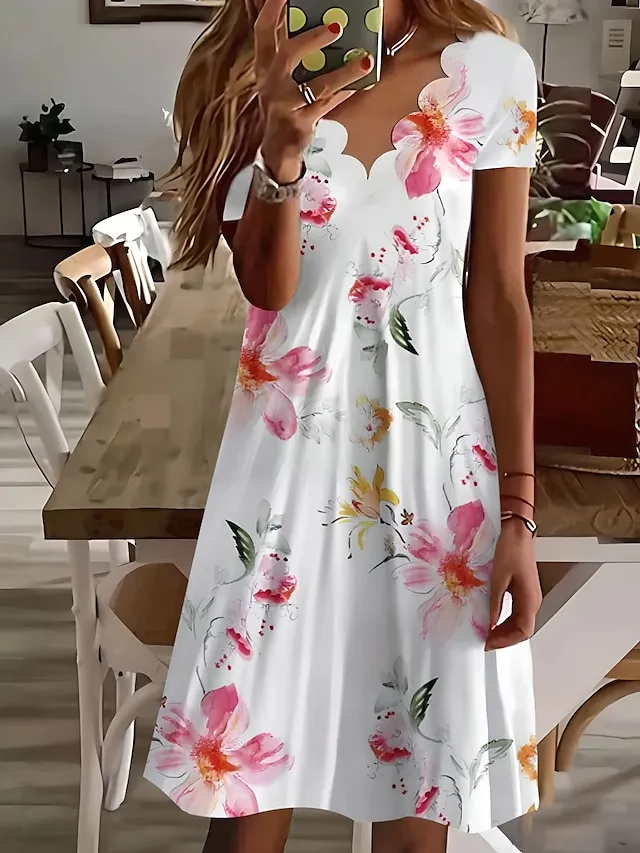 Women's Casual Dress Shift Dress Floral Dress Mini Dress White Pink Red Short Sleeve Floral Ruched Summer Spring Scalloped Neck Fashion Vacation 2023 S M L XL XXL 3XL