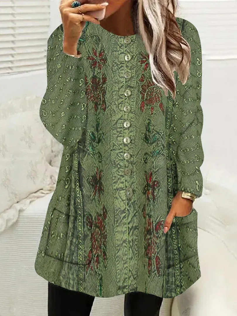 Women Long Sleeve Scoop Neck Printed Button Pockets Fleece Lined Tops