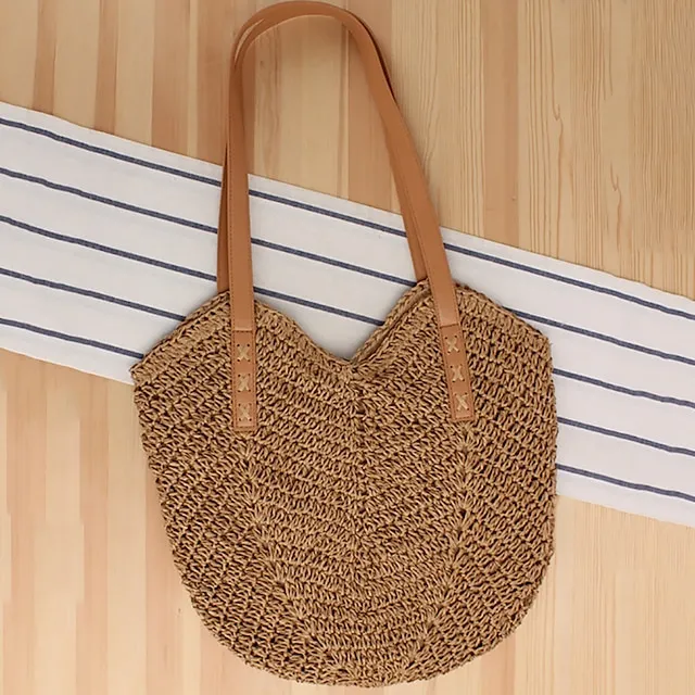 Women's Tote Crossbody Bag Straw Daily Going out Solid Color Dark Brown Beige