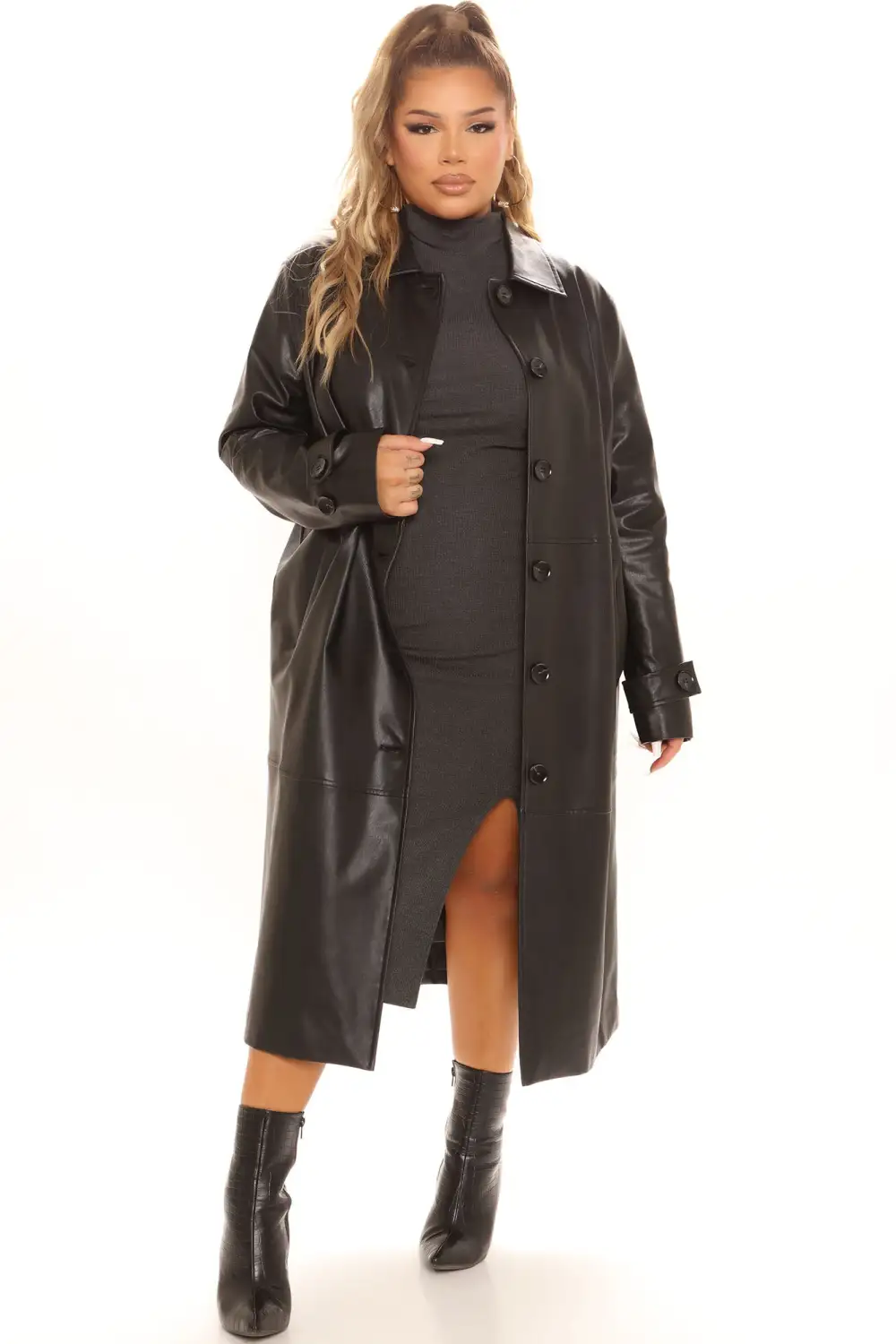 Gimme A Clue Faux Leather Trench Coat - Black