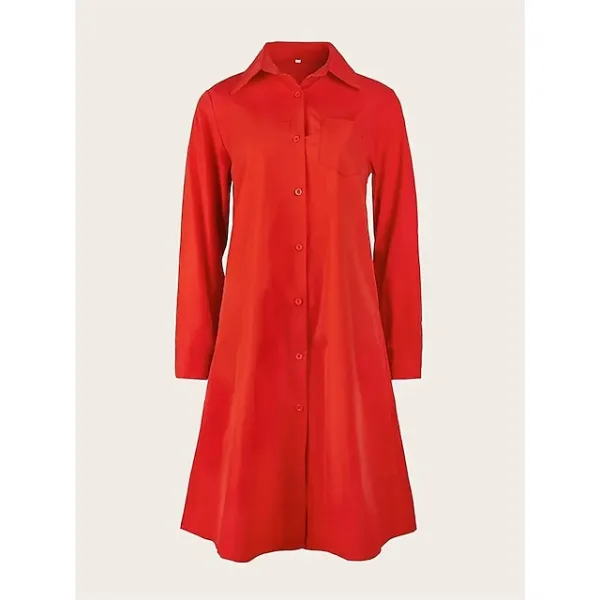 Women's Shirt Dress Casual Dress Shift Dress Midi Dress Outdoor Winter Dress Daily Polyester Elegant Casual Shirt Collar Pocket Rolled Cuff Long Sleeve Summer Winter Fall Spring 2023 Loose Fit Red