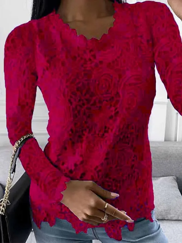 Women's Lace Shirt Shirt Blouse Plain Work Black White Pink Lace Long Sleeve Elegant Vintage Fashion Round Neck Regular Fit Spring Fall