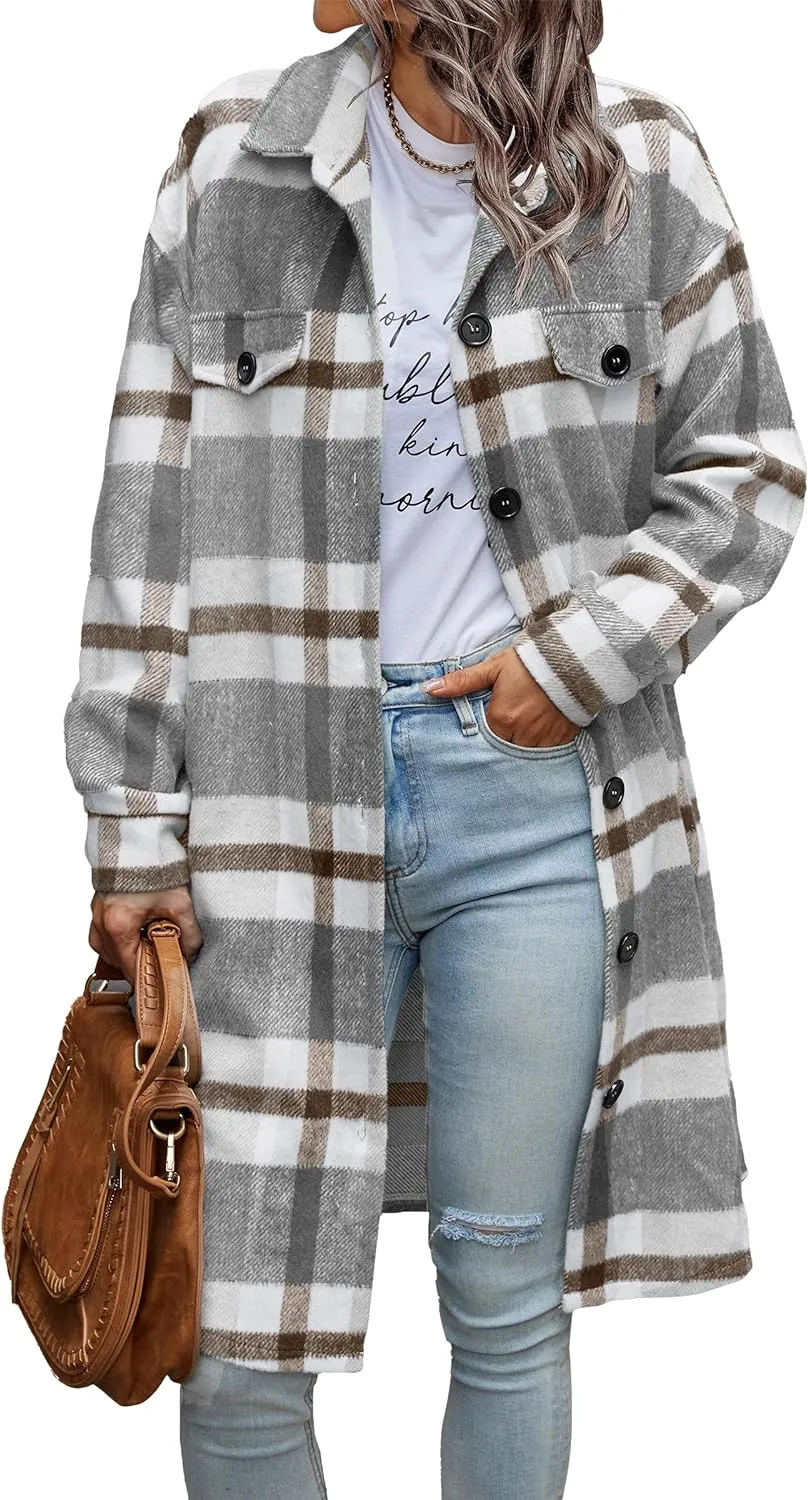 Women's Plaid Shacket 2023 Long Sleeve Button Up Flannel Shirt Winter Tartan Jacket Woolen Coats