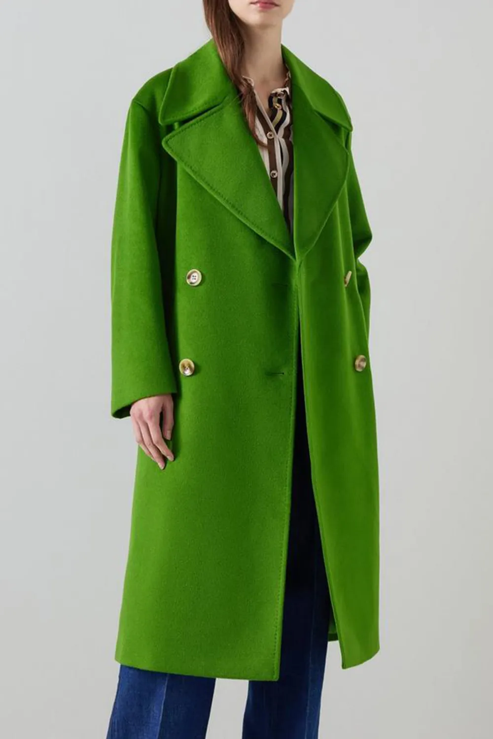 Green Double Breasted Long Wool Coat