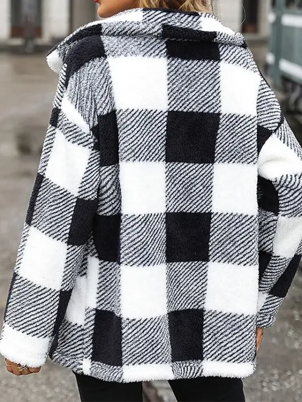 Women's Teddy Coat Plaid Sherpa Jacket Winter Fleece Coat Fall Single Breasted Stand Collar Jacket Regular Fit Outerwear Long Sleeve Black Khaki