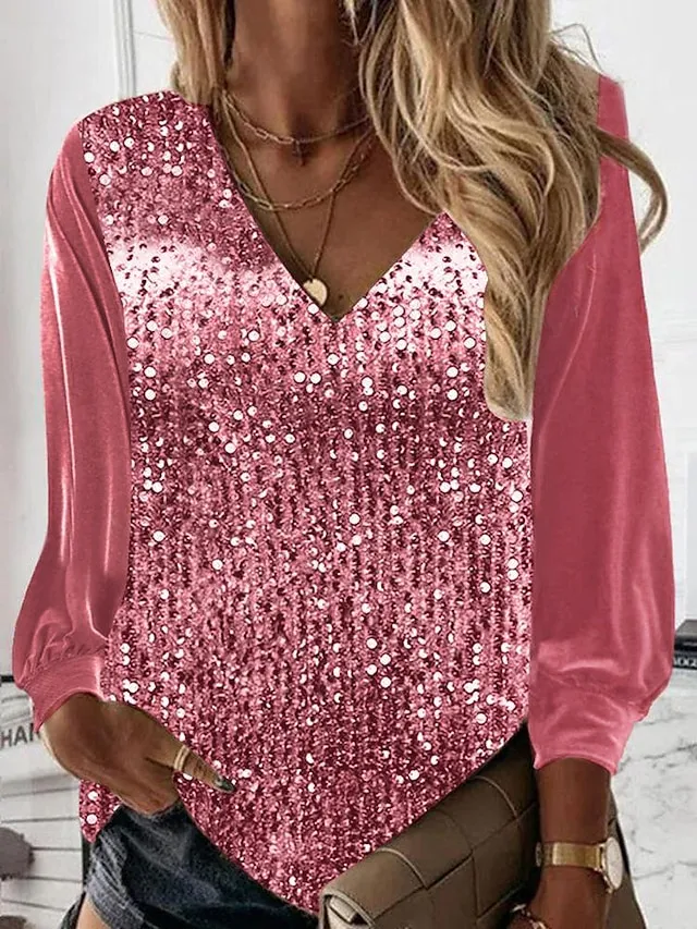 Women's Shirt Blouse Silvery Pink Royal Blue Plain Sparkly Sequins Long Sleeve Casual Basic V Neck Regular Fit Spring Fall