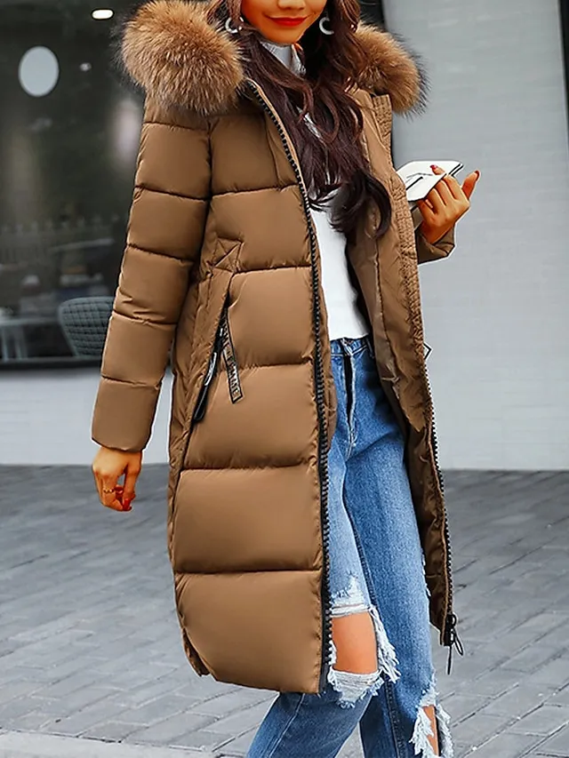 Women's Parka Long Puffer Jacket Winter Coat Zip up Hooded Coat with Fur Collar Thermal Warm Heated Coat Fall Brown Maillard Outerwear with Pockets Warm Classic Long Sleeve Fall Red