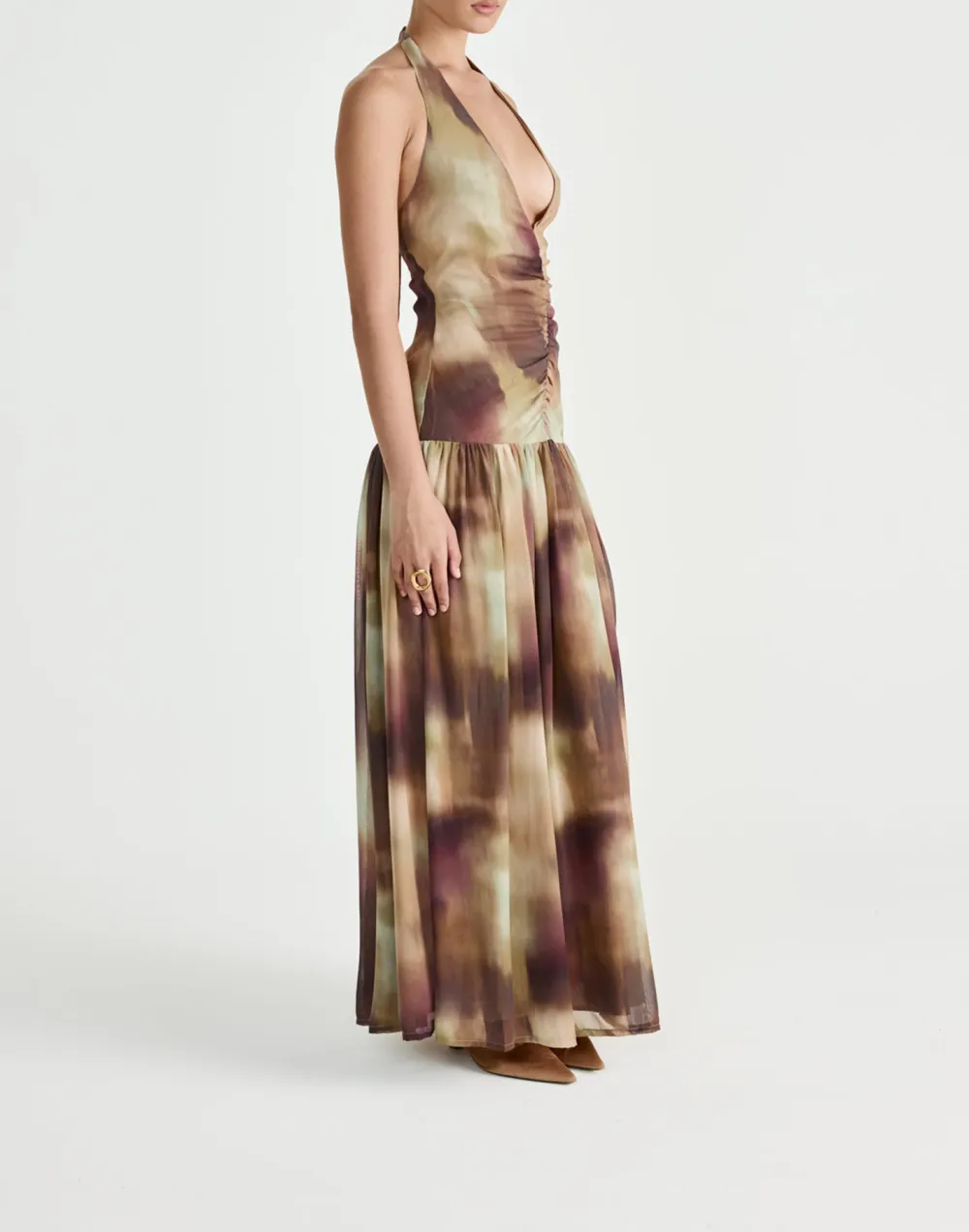 Flowy Pleated Open-Back Deep-V Dress