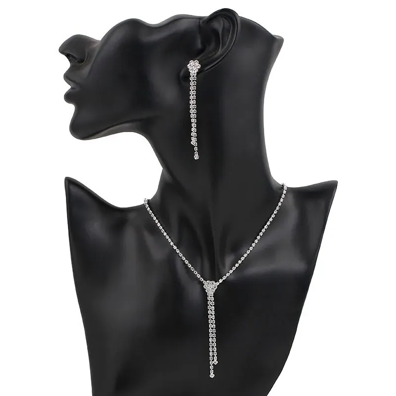 Rhinestone Tassel Drop Earrings Necklace Bracelet Set