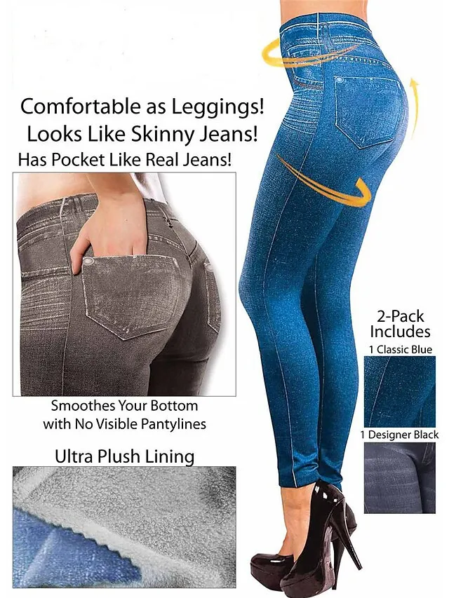 Women's Casual / Sporty Athleisure Skinny Tights Leggings Print Ankle-Length Pants Casual Weekend Stretchy Solid Color Denim Faux Denim Tummy Control Butt Lift High Waist Skinny Black Blue Grey S M L