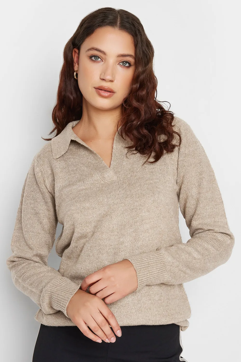 LTS Tall Beige Brown Open Collar Jumper