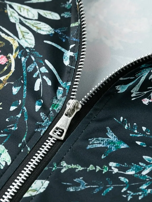 Women's Bomber Jacket Casual Jacket Outdoor Zipper Floral Pattern Breathable Streetwear Regular Fit Outerwear Long Sleeve Summer Black